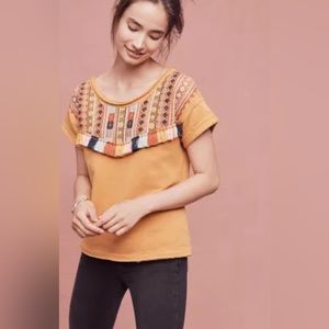 Anthropologie Chloe Oliver Embroidered Tassel Short Sleeve Sweatshirt SZ L